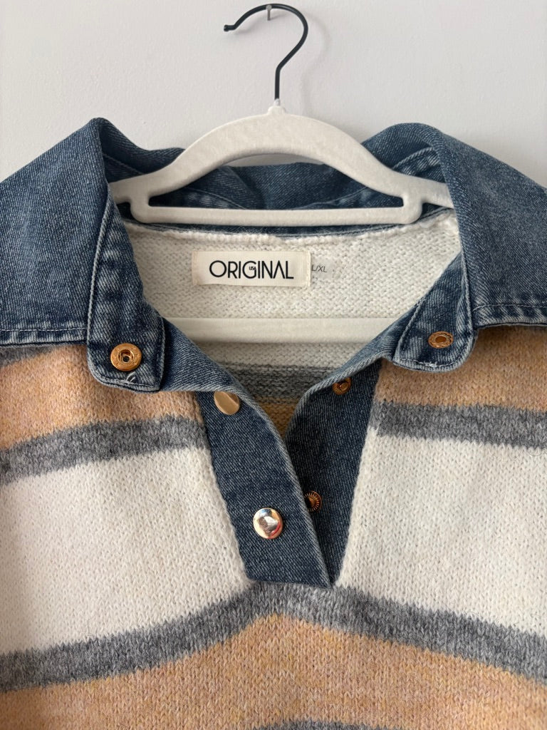 Boutique Denim Collar Striped Sweater L/XL