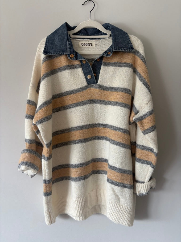 Boutique Denim Collar Striped Sweater L/XL