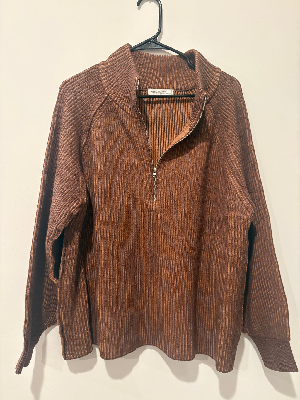 Zenana Raised Rib 1/4 Zip Sweater Brown L/XL