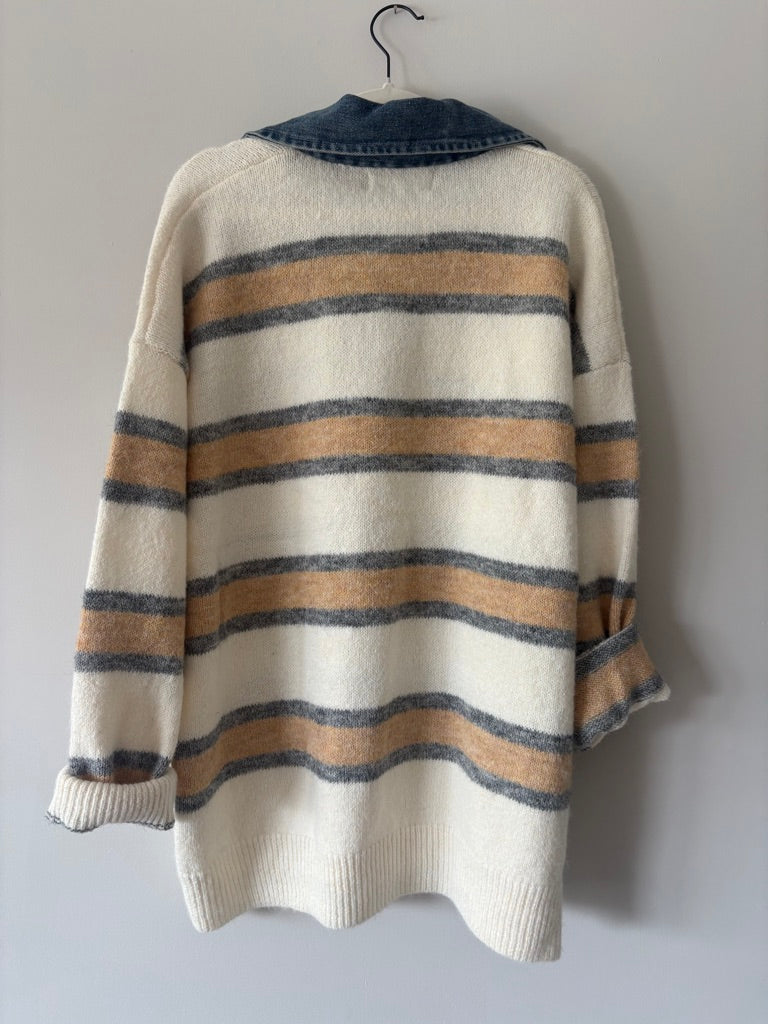 Boutique Denim Collar Striped Sweater L/XL